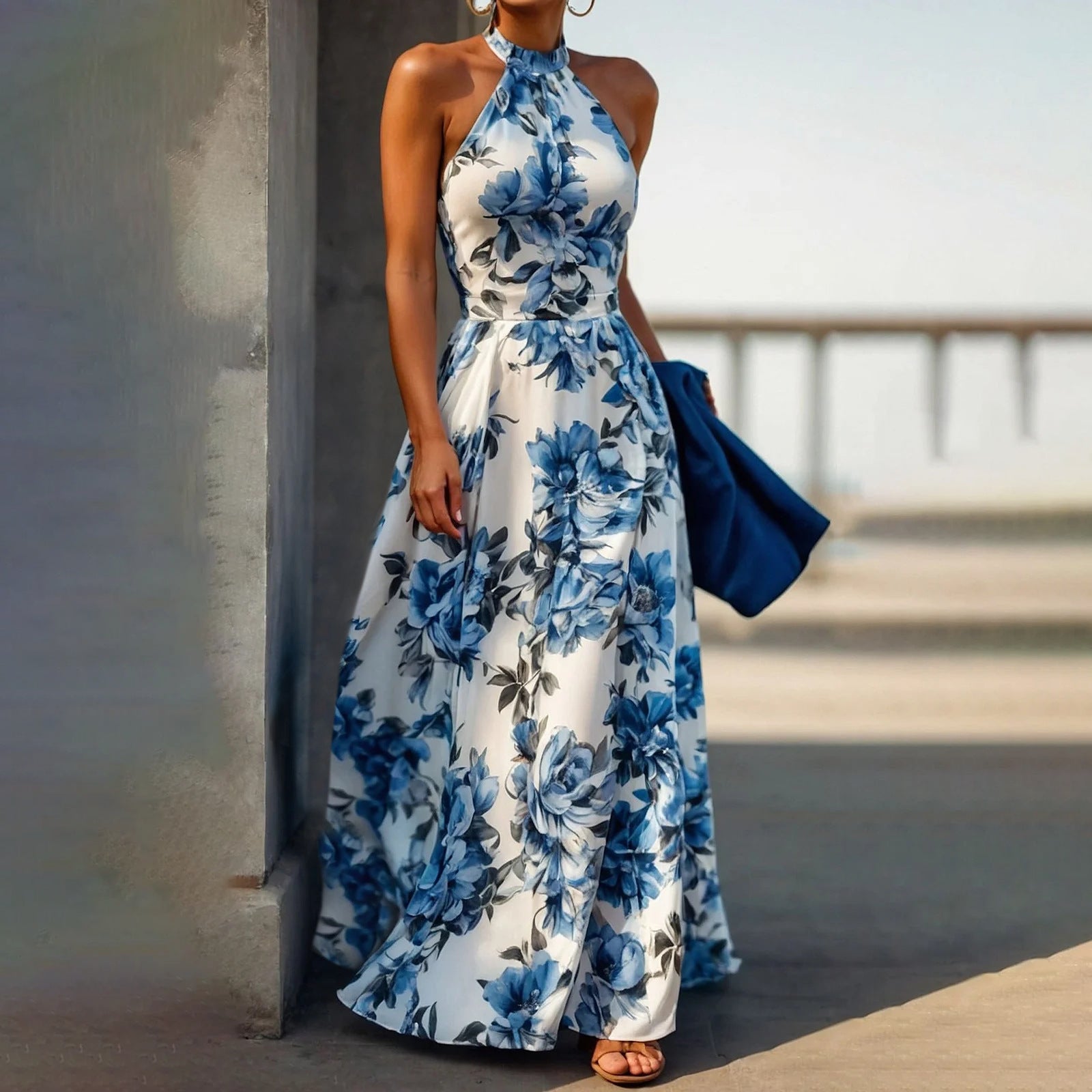 Women Holiday Halter Neck Printed Sleeveless Beach Dress