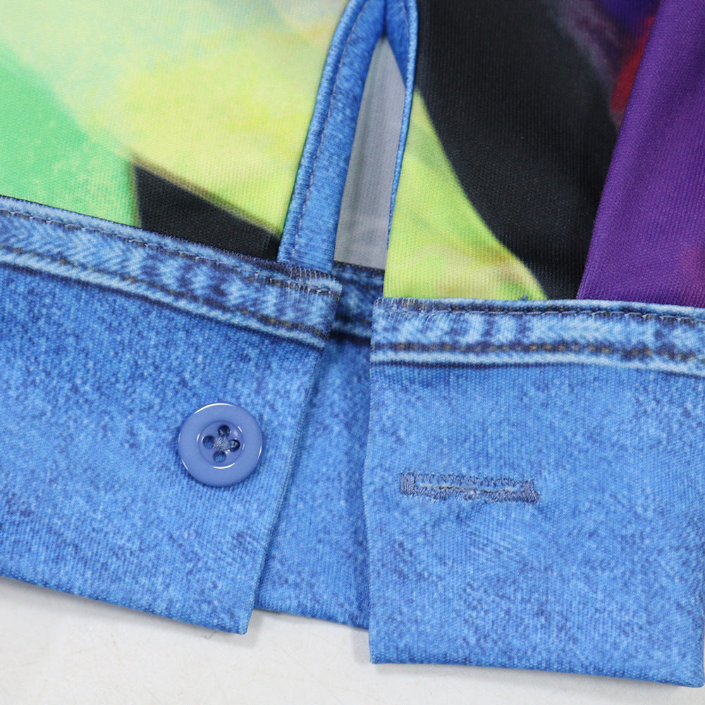 Women's Printed Turndown Collar Long Sleeve Shirt Top Sexy Slim Bodycon Short Skirt Two-Piece Set 11