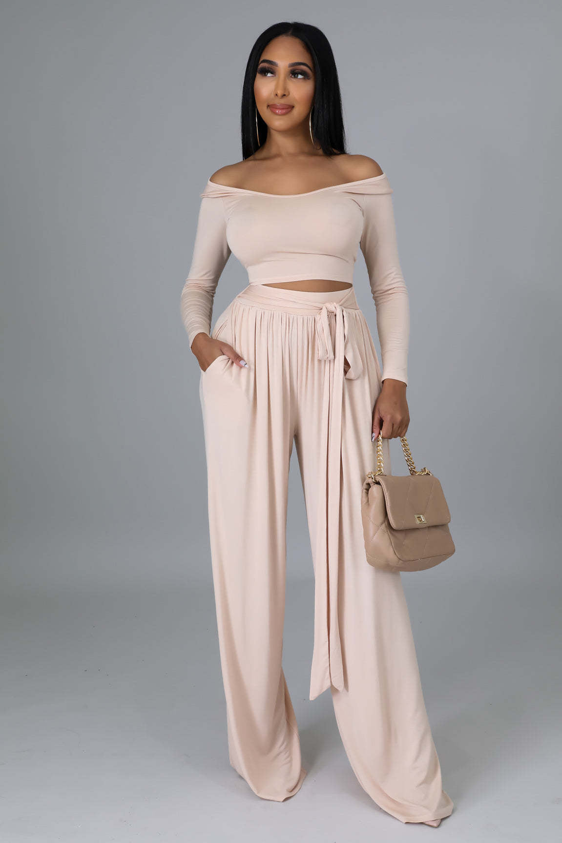 Fashion Solid Color Casual Round Neck Long-Sleeved Top Wide-Leg Trousers Two Piece Set 4