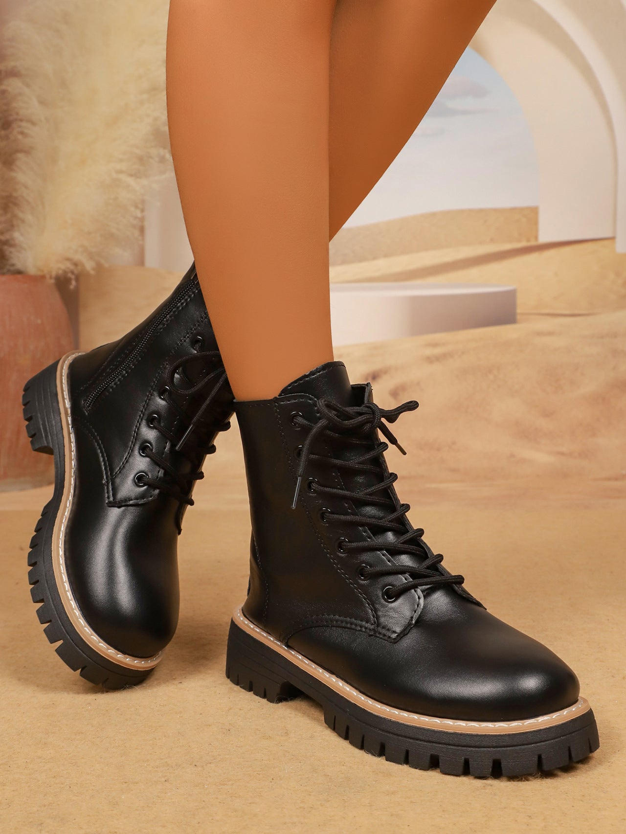 Women's Platform Martin Boots Autumn Winter Front Lace-Up Black Plus Size Height-Increasing Leather Boots 15