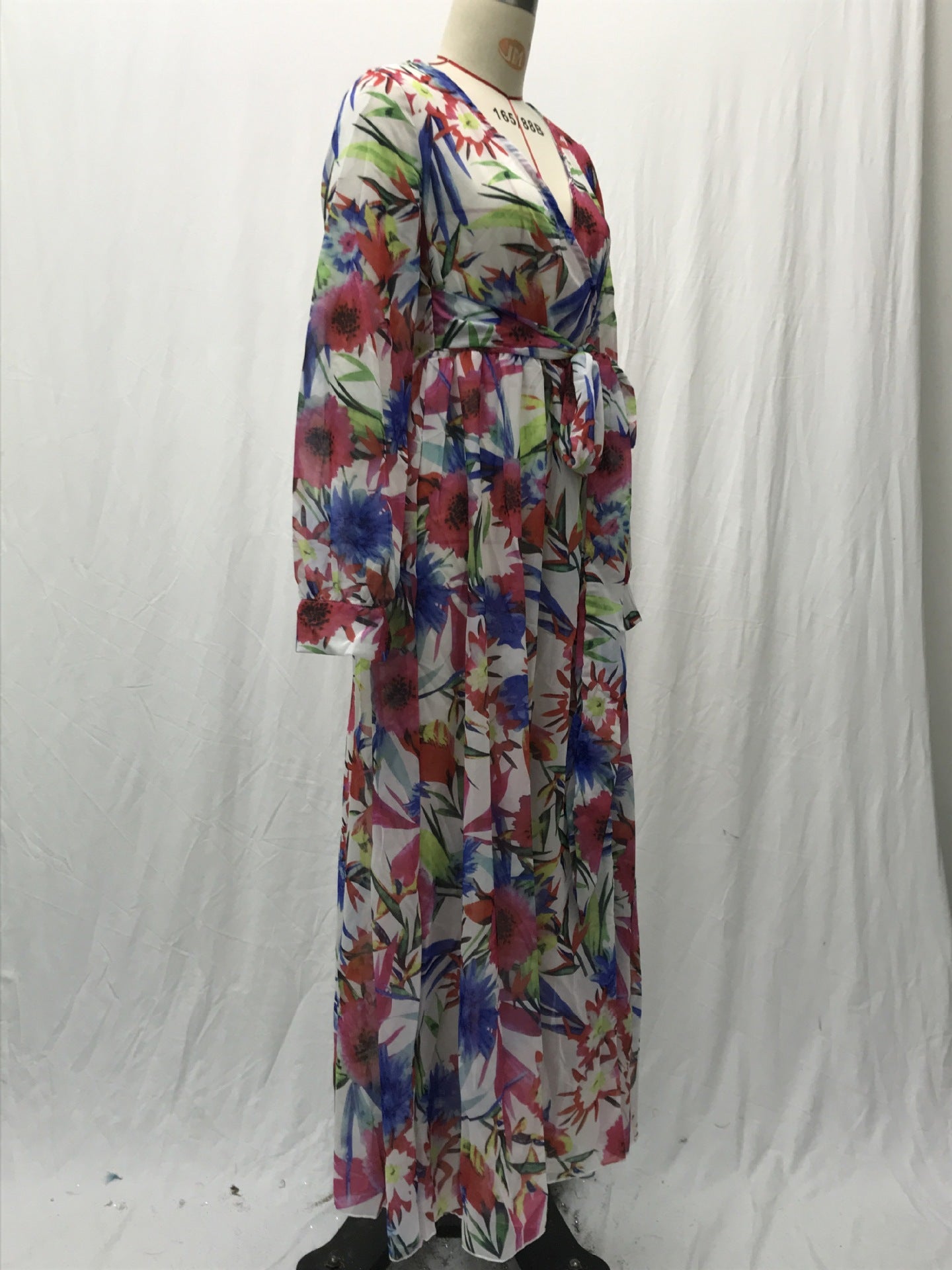 Summer Lantern Sleeve Sexy Deep V Neck Leaf Print Long Dress 14