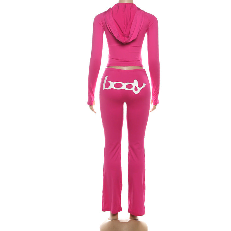 Women Fall/Winter Hooded Letter Print Zipper Top and Pants Two-Piece Set 42