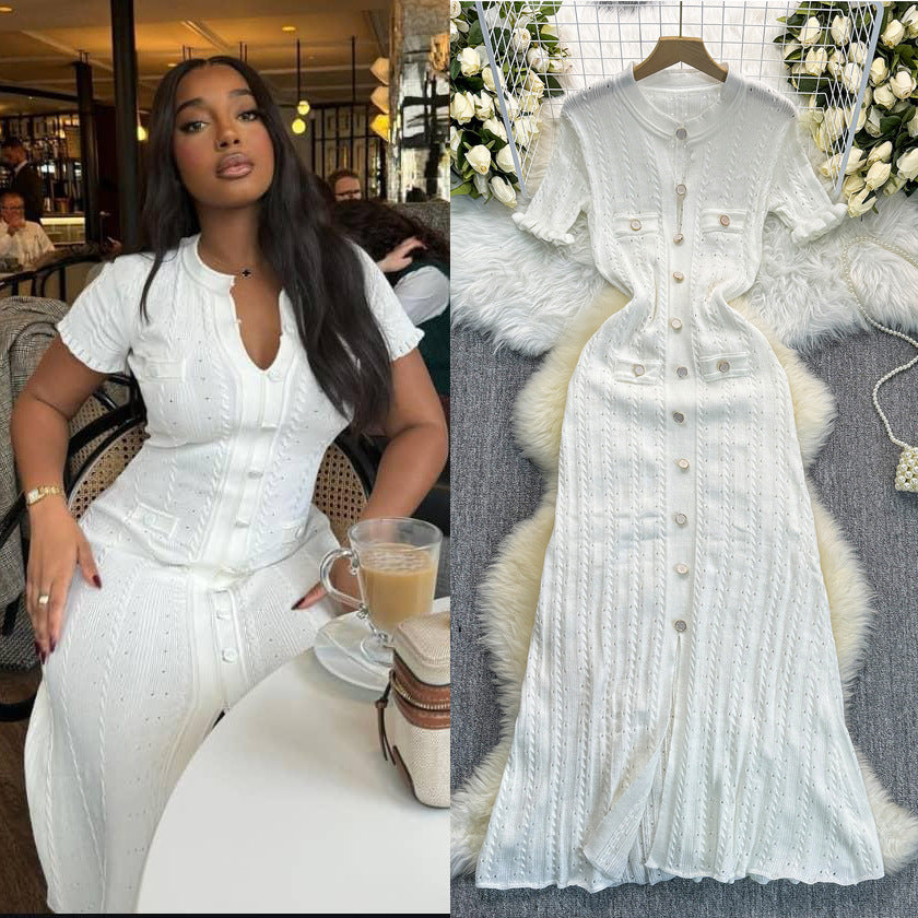 Women Hollow Wood Ear Lace Sleeve Button Dress