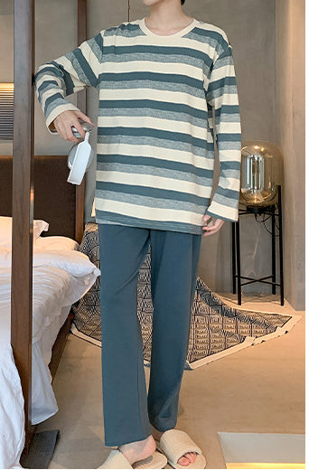 Men's Cotton Pajama Set Long Sleeve Top and Pants Comfortable Sleepwear Casual Home Lounge Wear for Spring and Fall 12