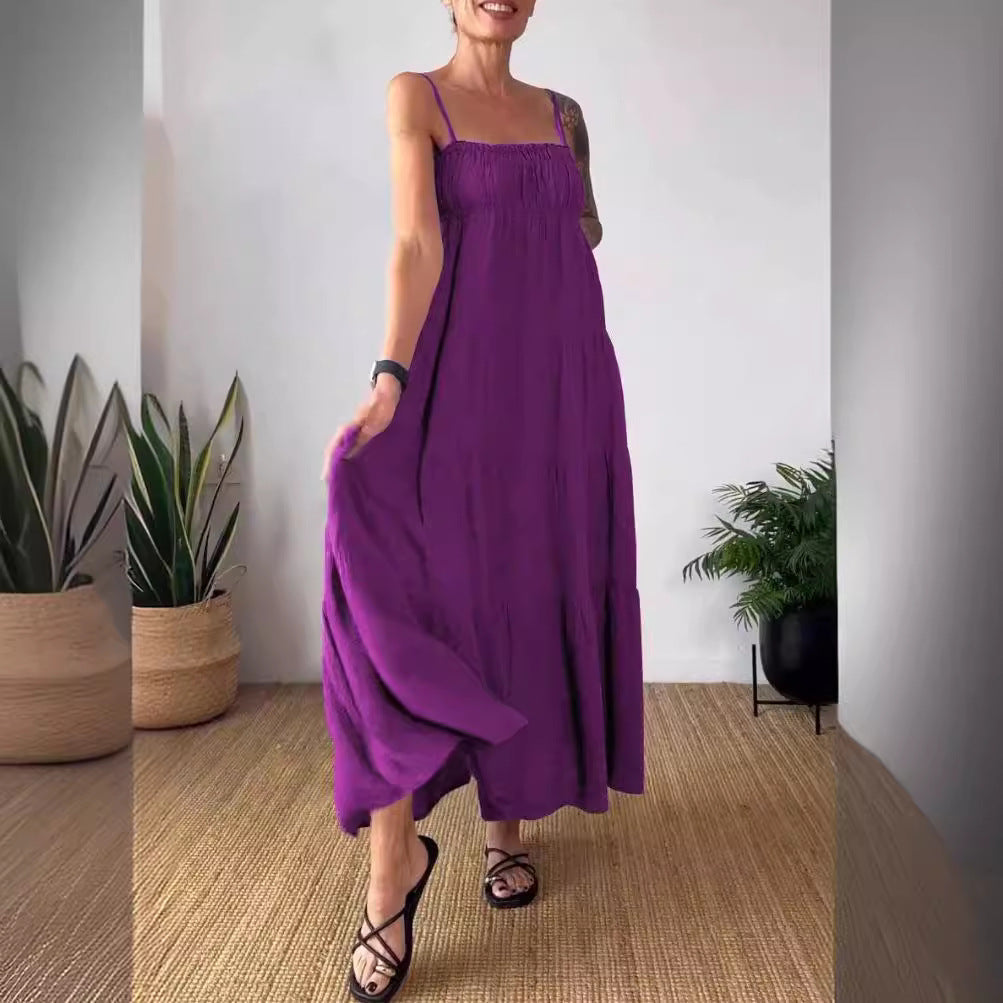 Spring Summer Women's Solid Color Casual Strap Loose Dress 11