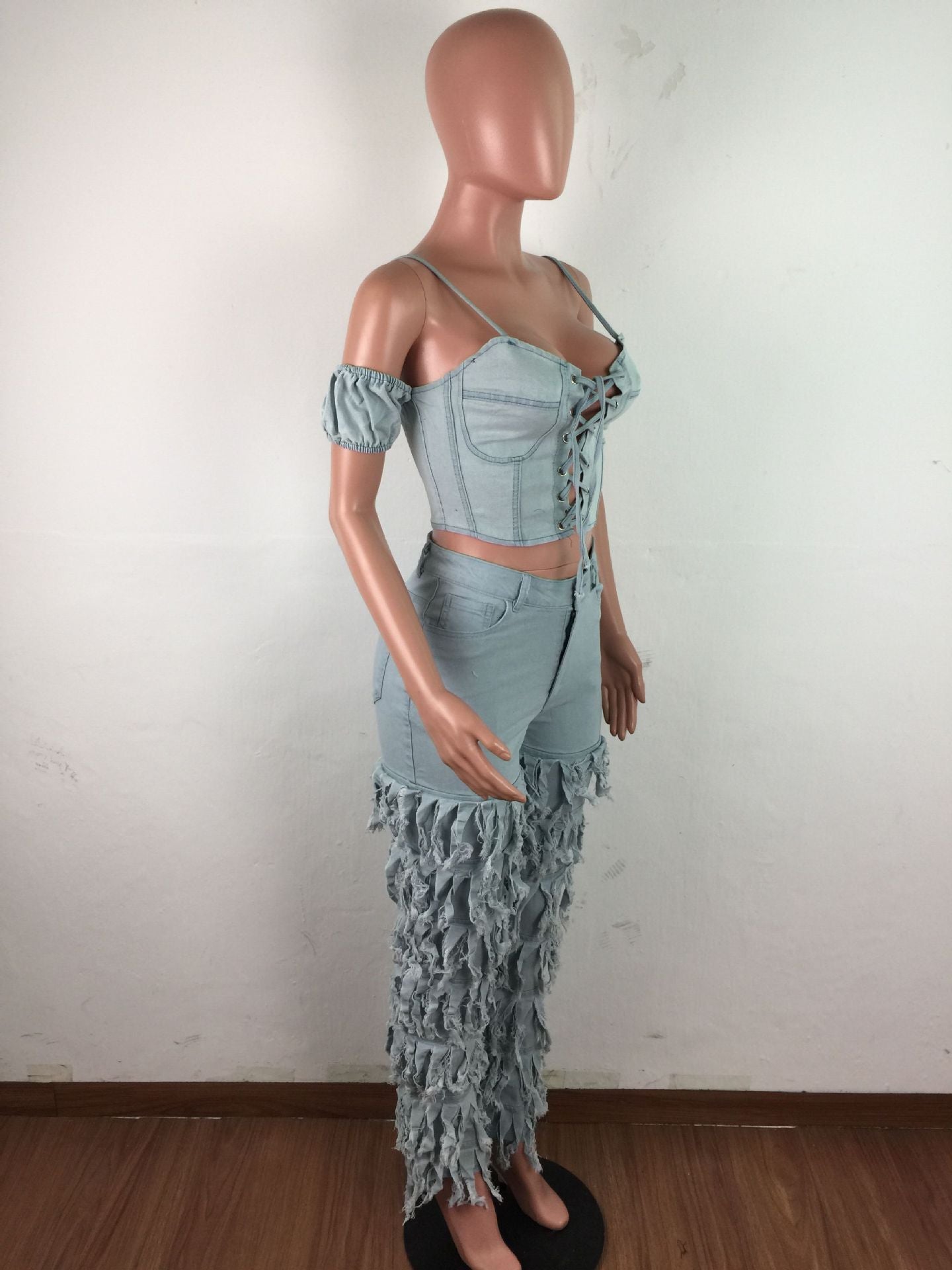 Women's Multi-Layer Frayed Washed Denim Pants 7