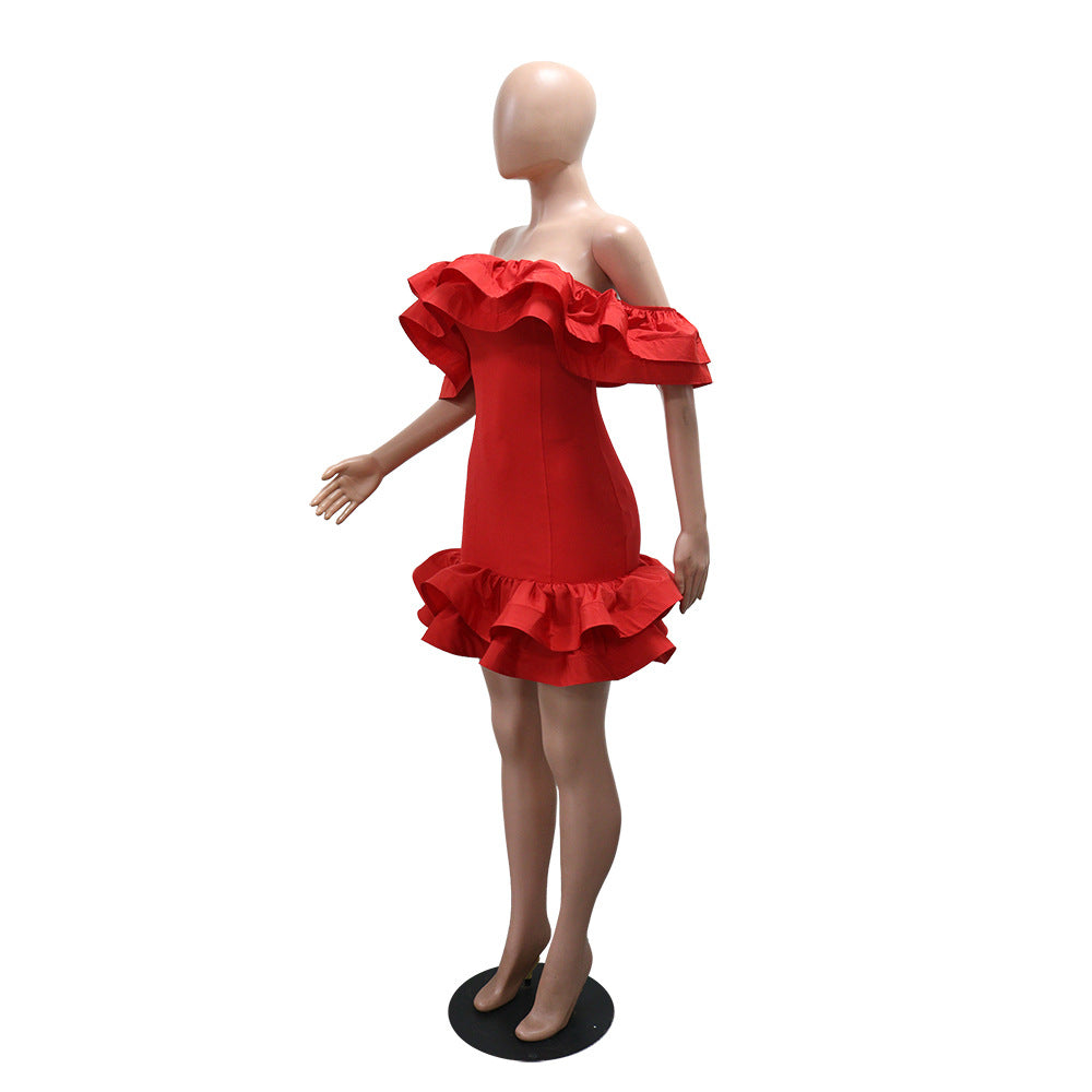 Women Sexy Off-Shoulder Strapless Solid Ruffle Summer Dress 9