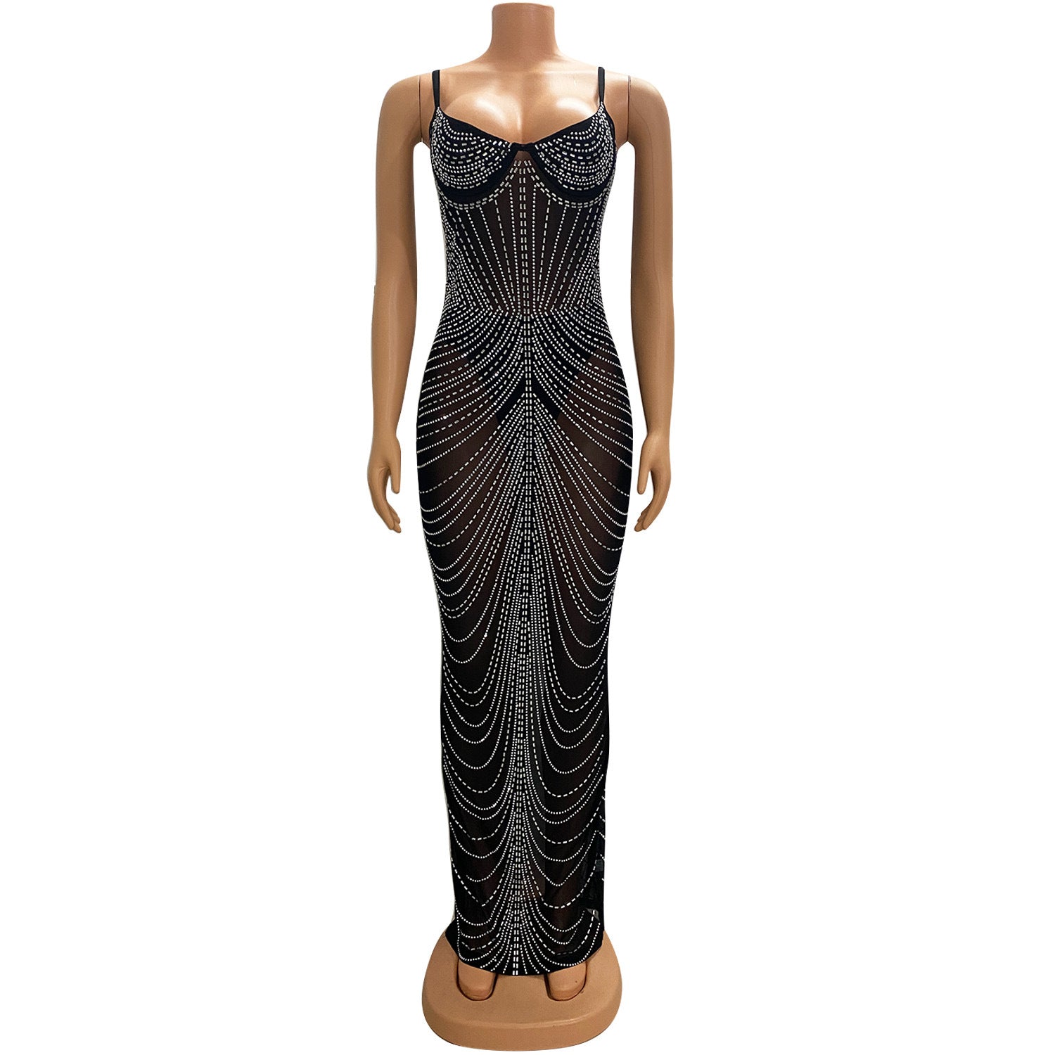 Women's Solid Color Mesh Beaded Straps Maxi Dress 10