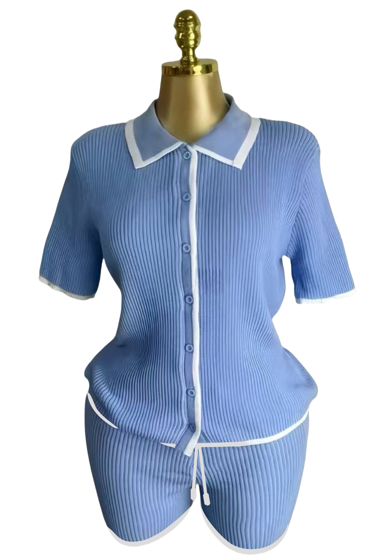 Turndown Collar Short-Sleeve Knit Top & High-Waist Shorts Set 7