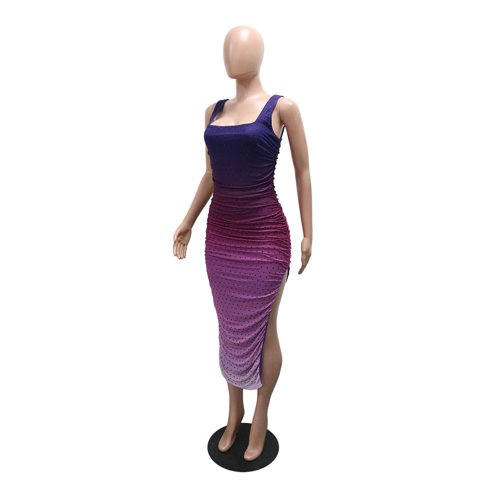 Women's Summer Sexy Low Back Beaded Bodycon Slit Dress 5