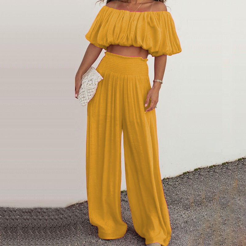 Spring Women's Fashion Casual Off Shoulder Top + Wide Leg Trousers Two-Piece Set 9