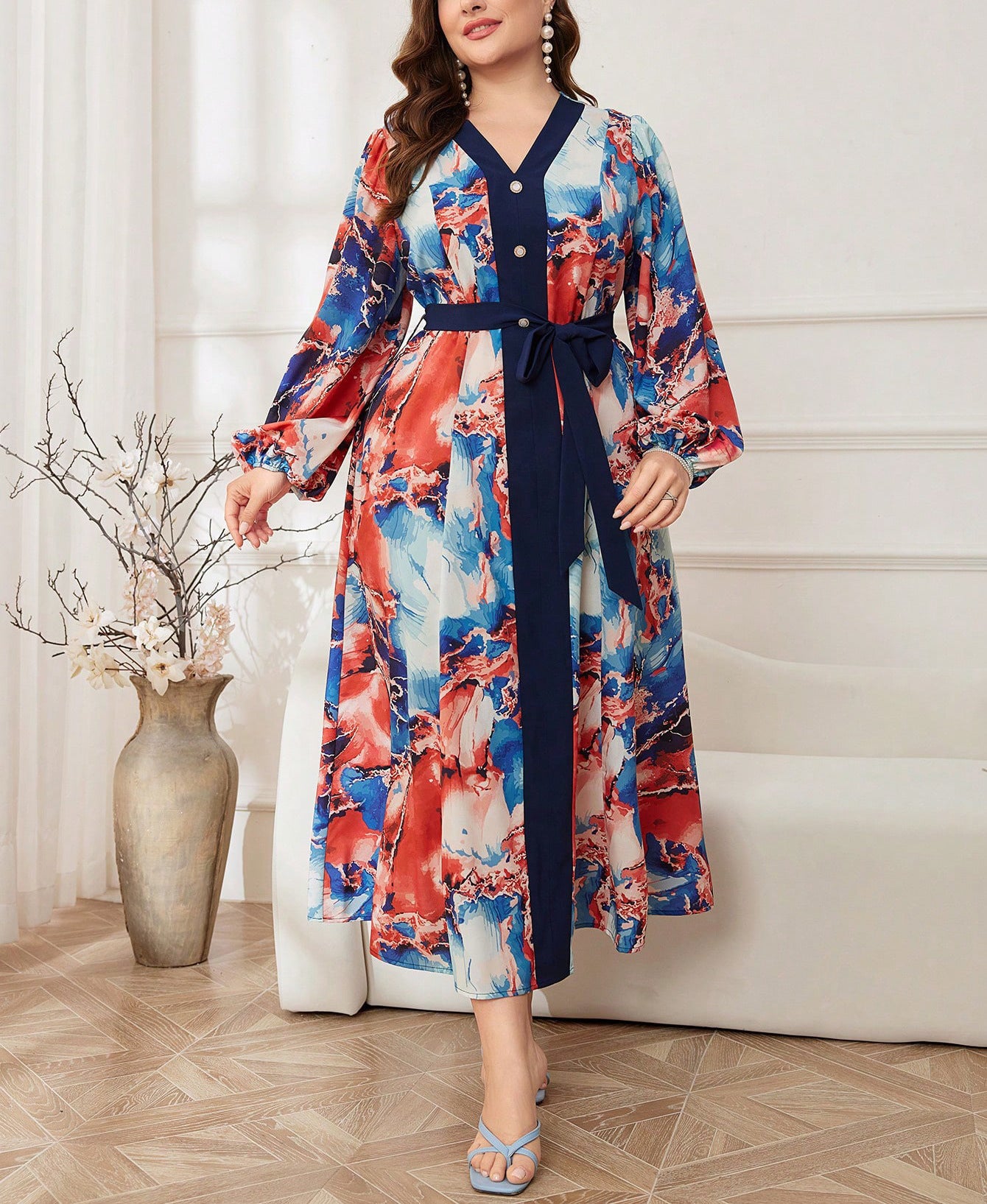 Plus Size Trendy Crisscross V-Neck Lantern Sleeve Slim Waist Print Chic Dress 3