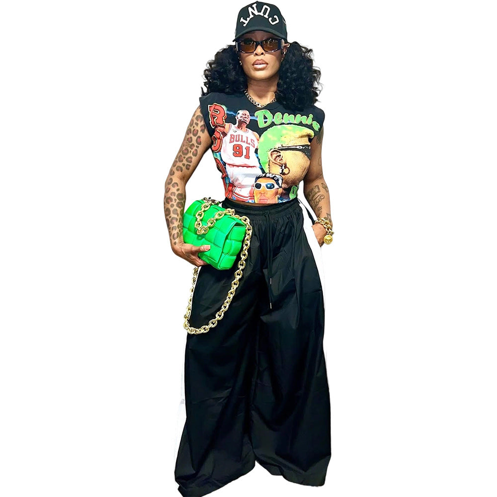 Women casual color matching drawstring wide leg pants 8