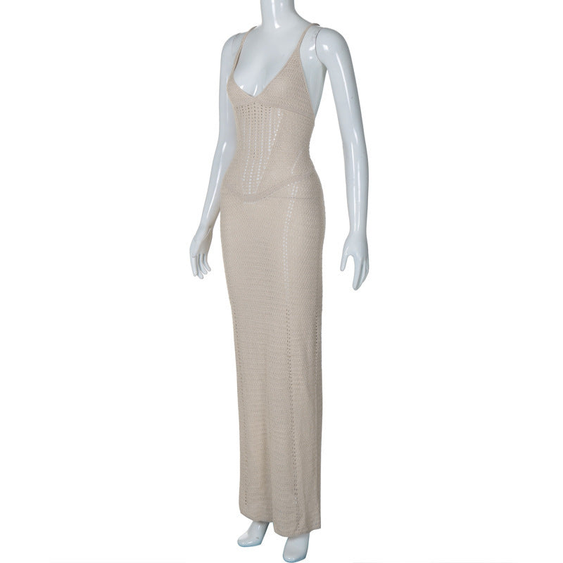 Women Spring and Summer Sexy Backless Hollow Lace Knitting Suspender Bodycon Dress 10