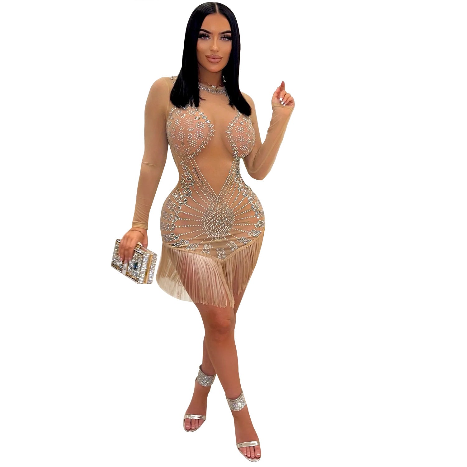 Summer Women's Fashion Sexy Mesh Beaded Fringe Long Sleeve Ladies Dress 9