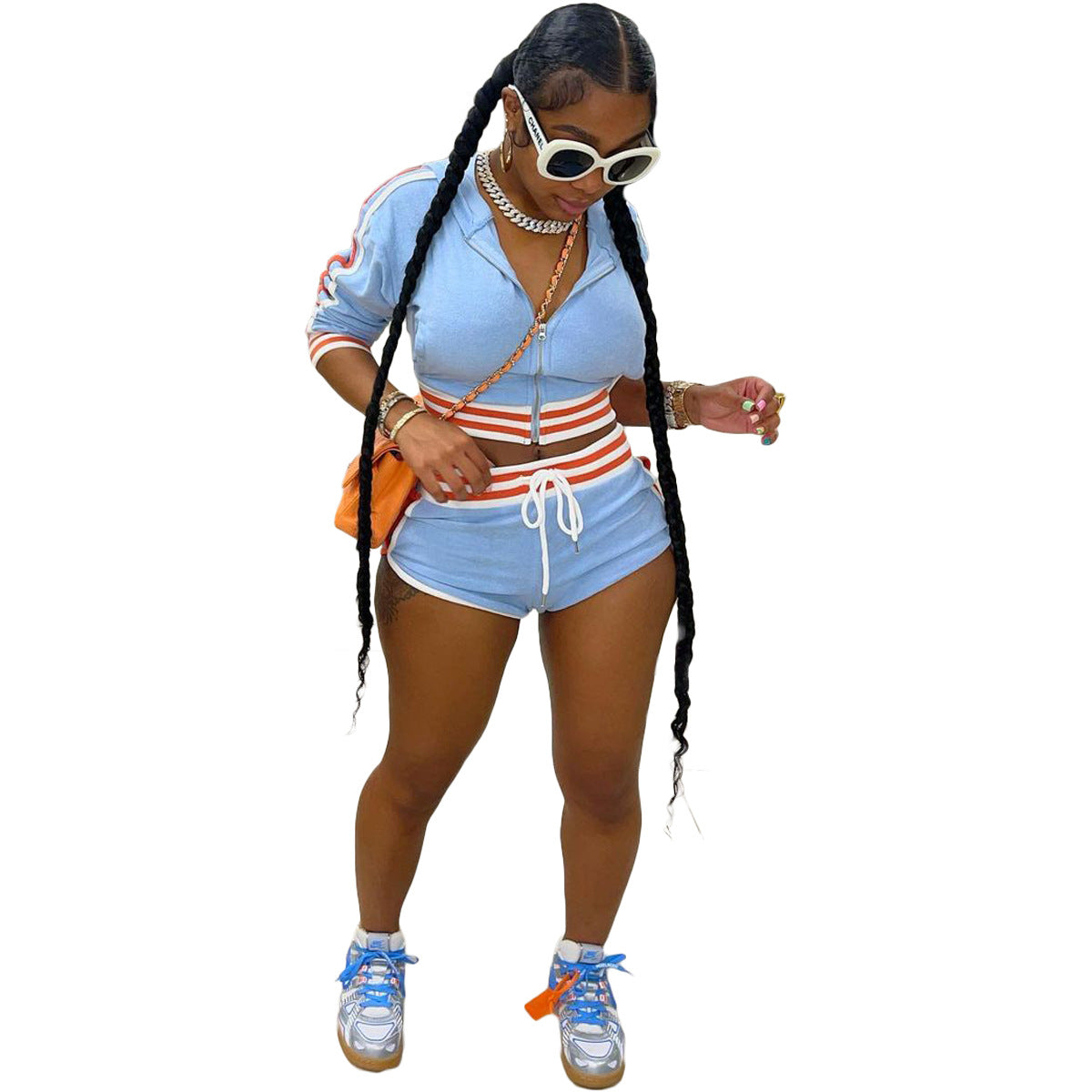 Women's Fashion Striped Patchwork Hooded Long Top Sexy Shorts Sports Two Piece Set 13