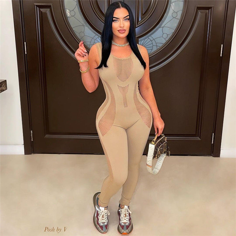 Autumn Women's Sexy Hollow Knitting Crochet Sleeveless High Waist Tight Fitting Jumpsuit 8