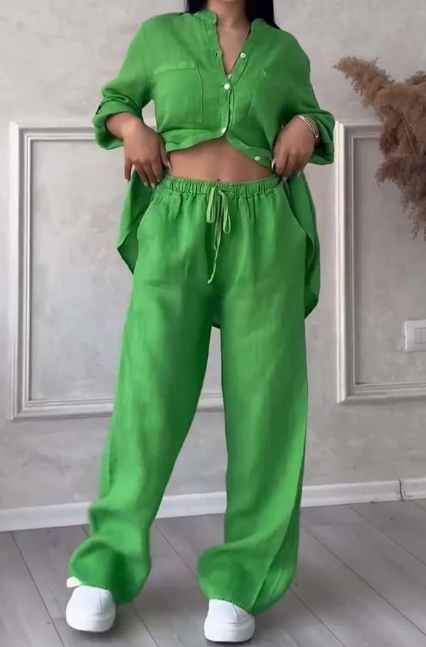 Women Casual Solid Shirt Wide Leg Pants Two Piece Set 13