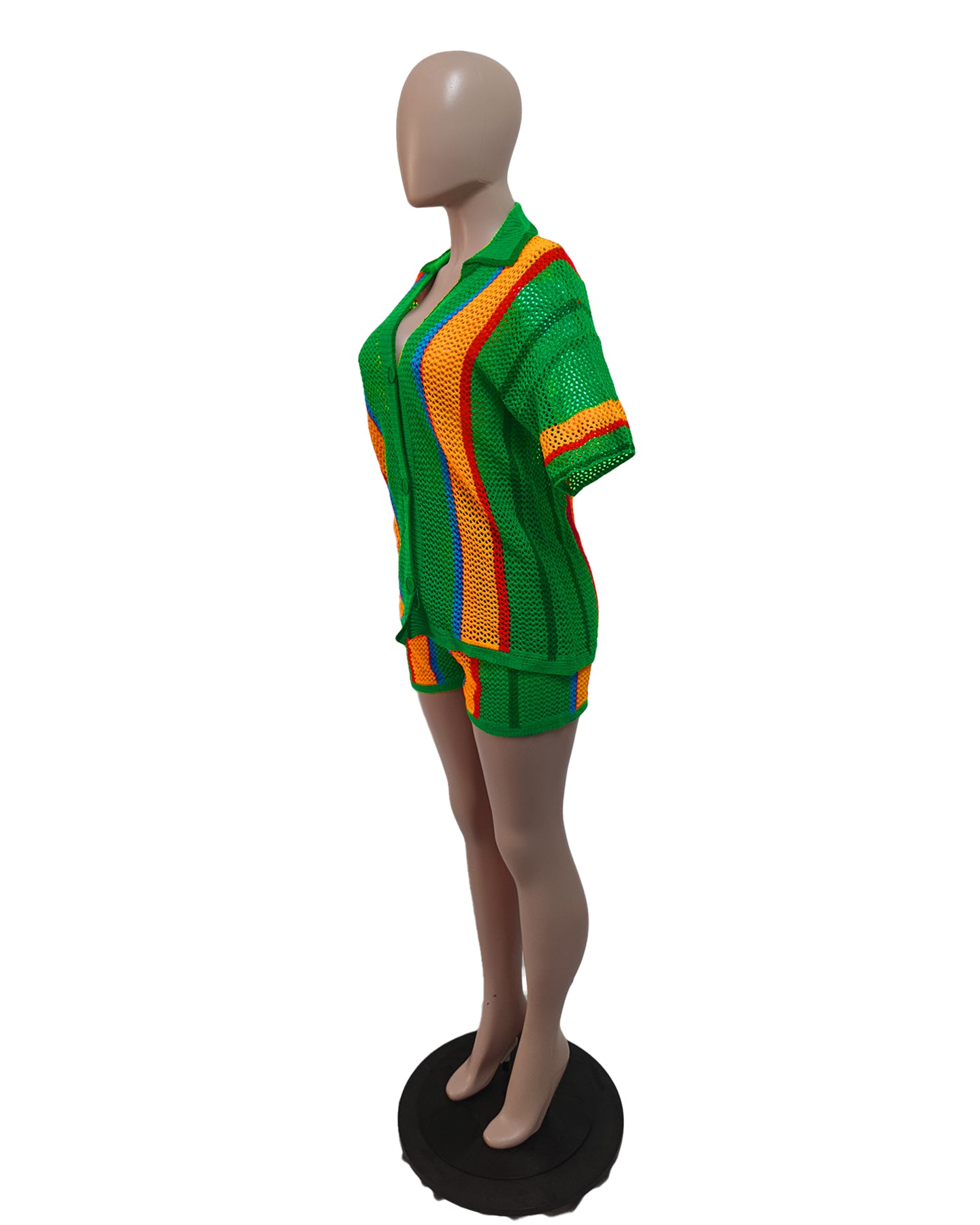 Women's Sexy Hollow See-Through Turndown Collar Knitting Two Piece Shorts Set 39