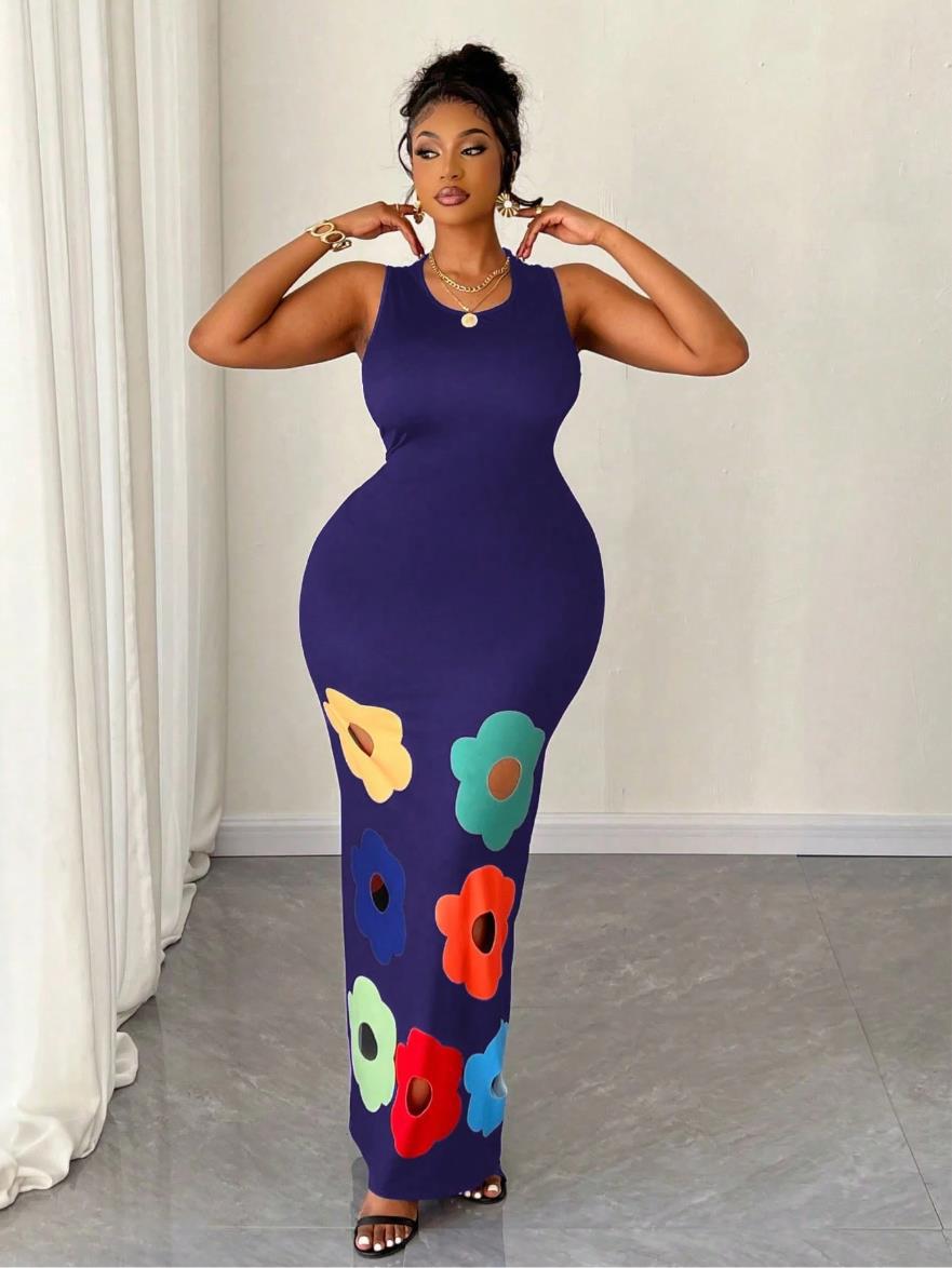 Summer Fashion Round Neck Sleeveless Positioning Print Cut-Out A-Line Dress 5