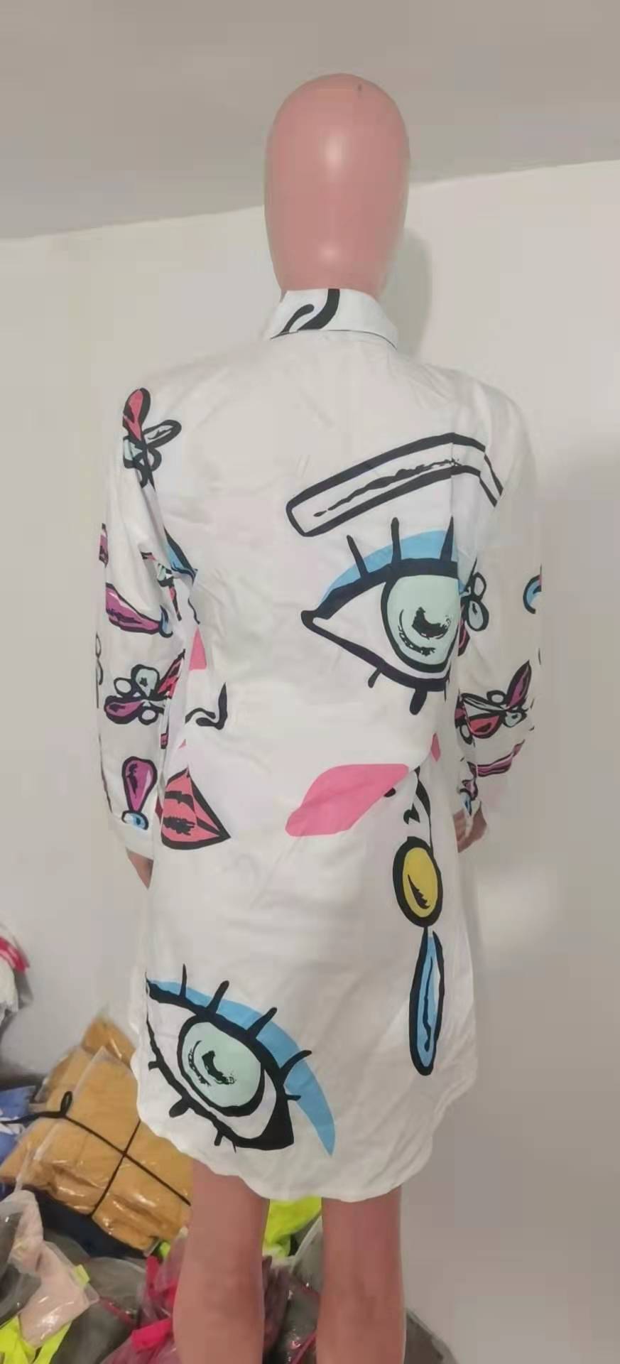 Summer TurndownCollar Print Human Head Long Sleeve Irregular Shirt 12