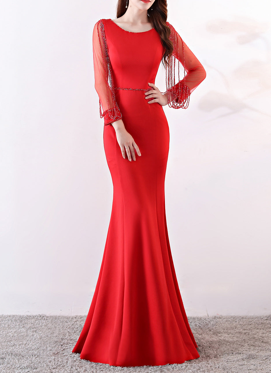 Bridal toast autumn long-sleeved rhinestone chain mermaid long evening dress