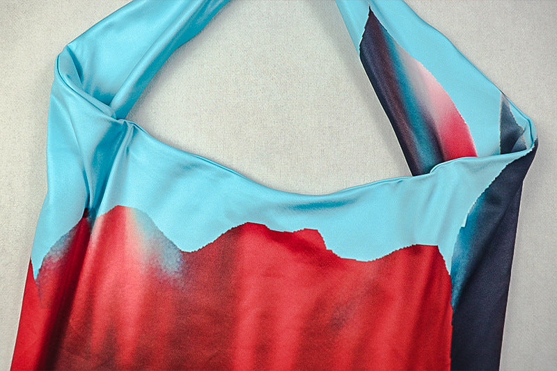 Fashion Printed Casual Ruched Halter Neck Draped Low-Back Long Dress 9