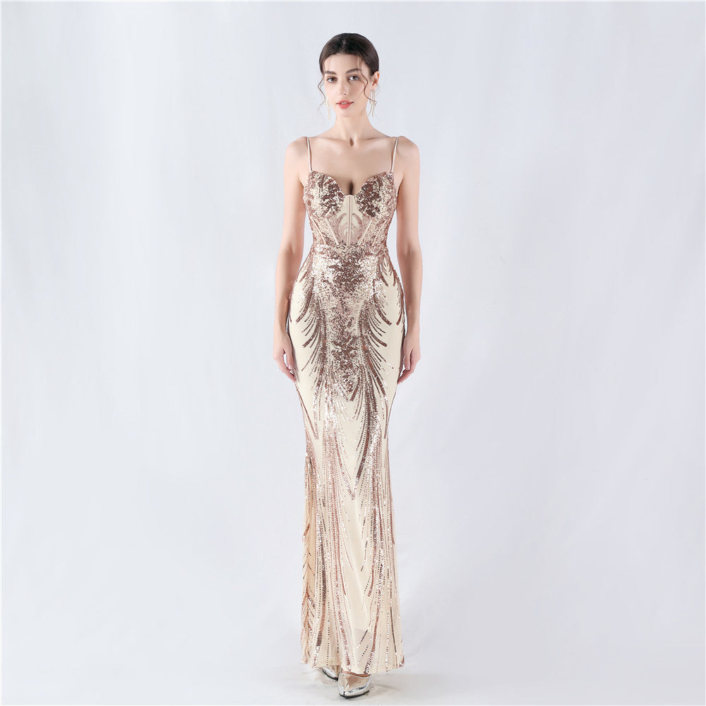 Women Fishbone Sequin Positioning Flower Evening Dress 19