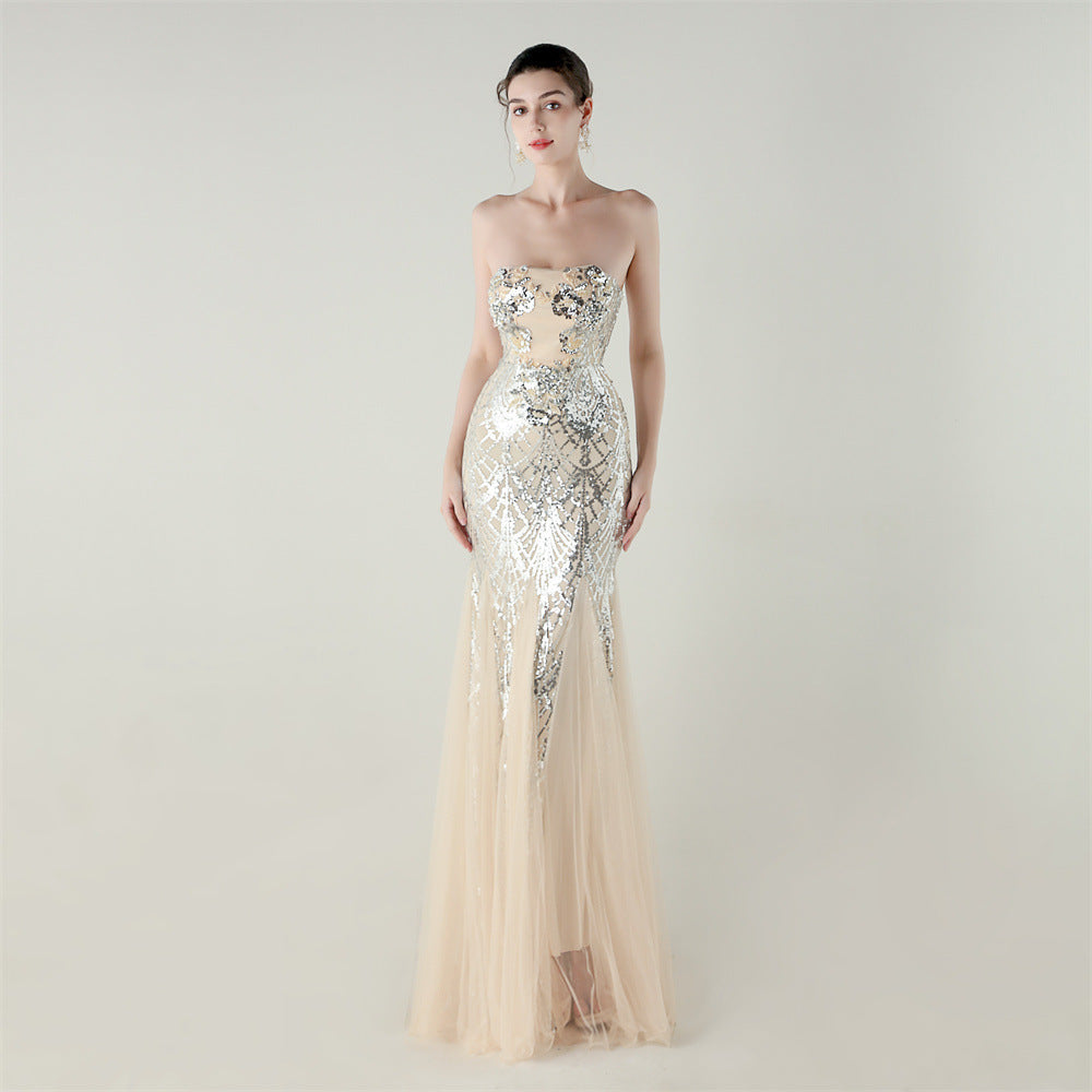 Women Strapless cross Lace-Up sequined tube flower sequined mesh evening dress Formal Party evening dress 8