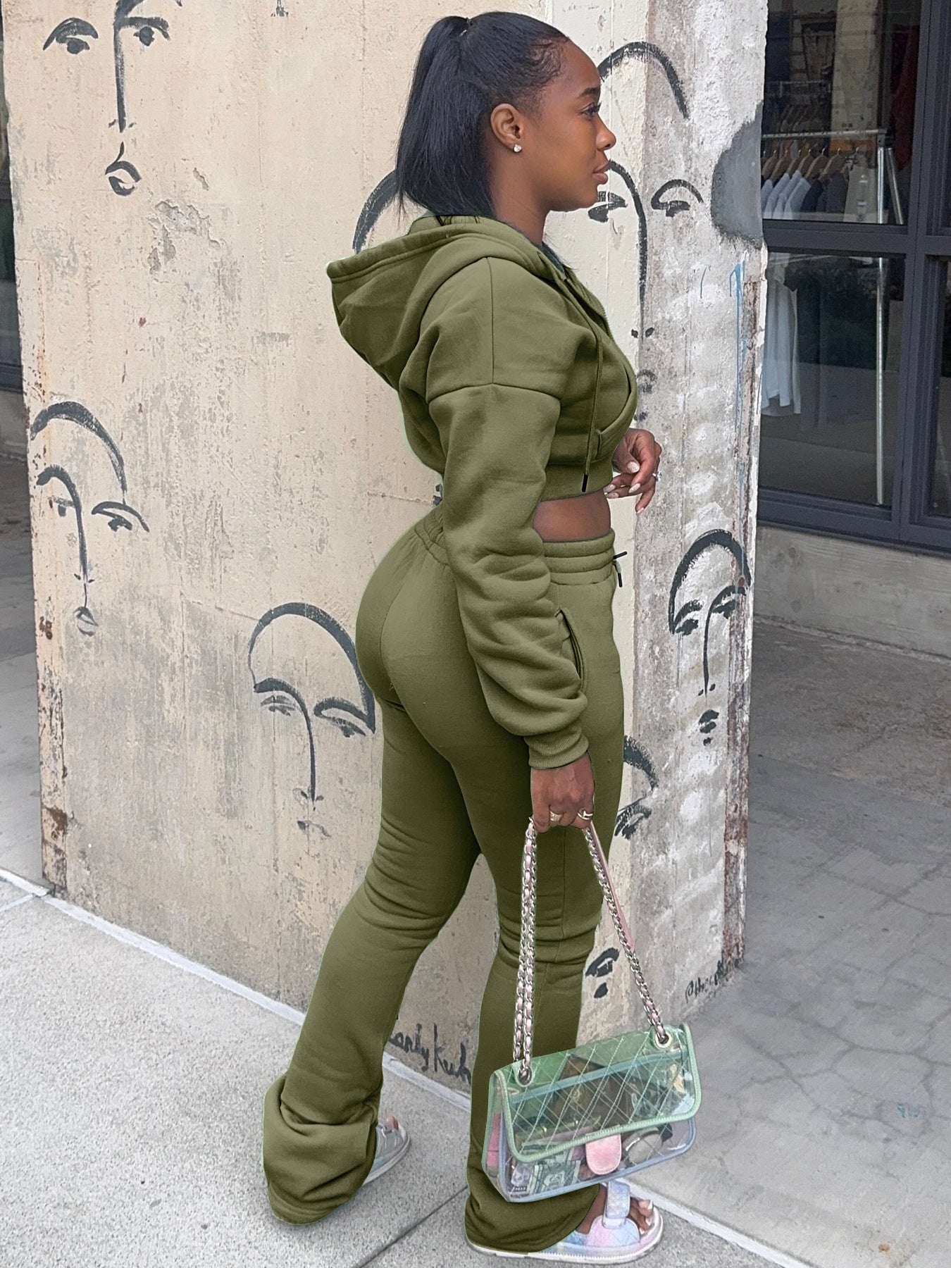 Women Hoodies and Bell Bottom Pants Two-Piece Set 45