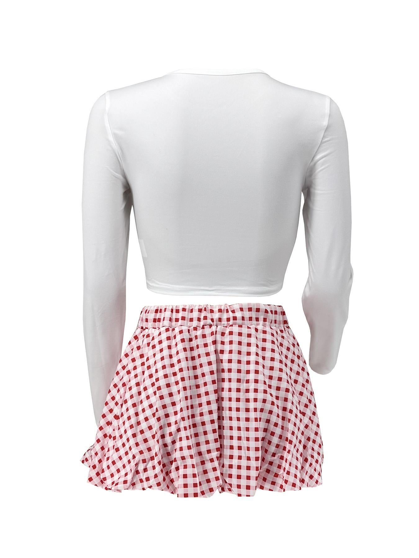 Women Casual Top and Plaid Flower Bud Skirt Two-piece Set 25