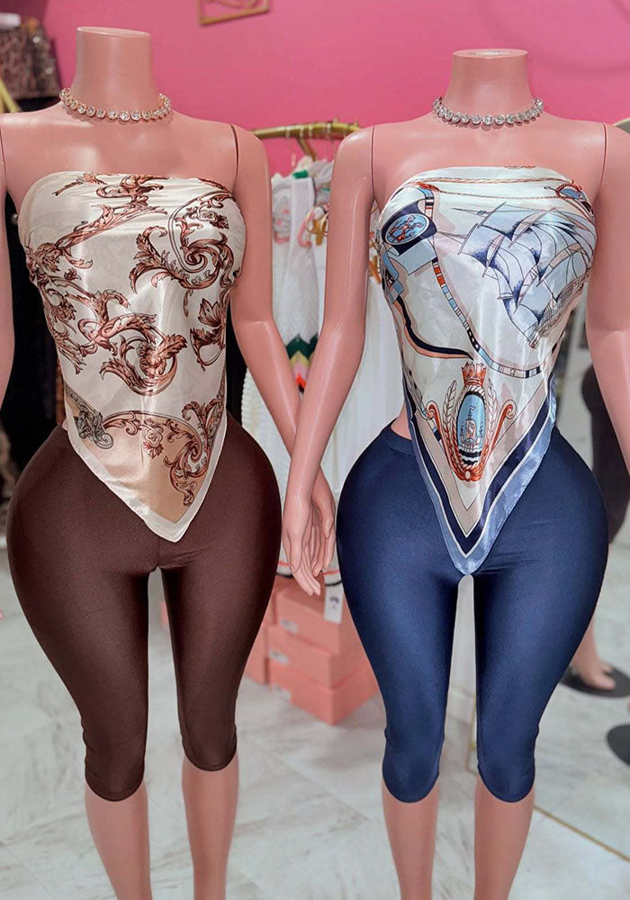 Fashion Women's Printed Strapless Sexy Two Piece Shorts Set 22