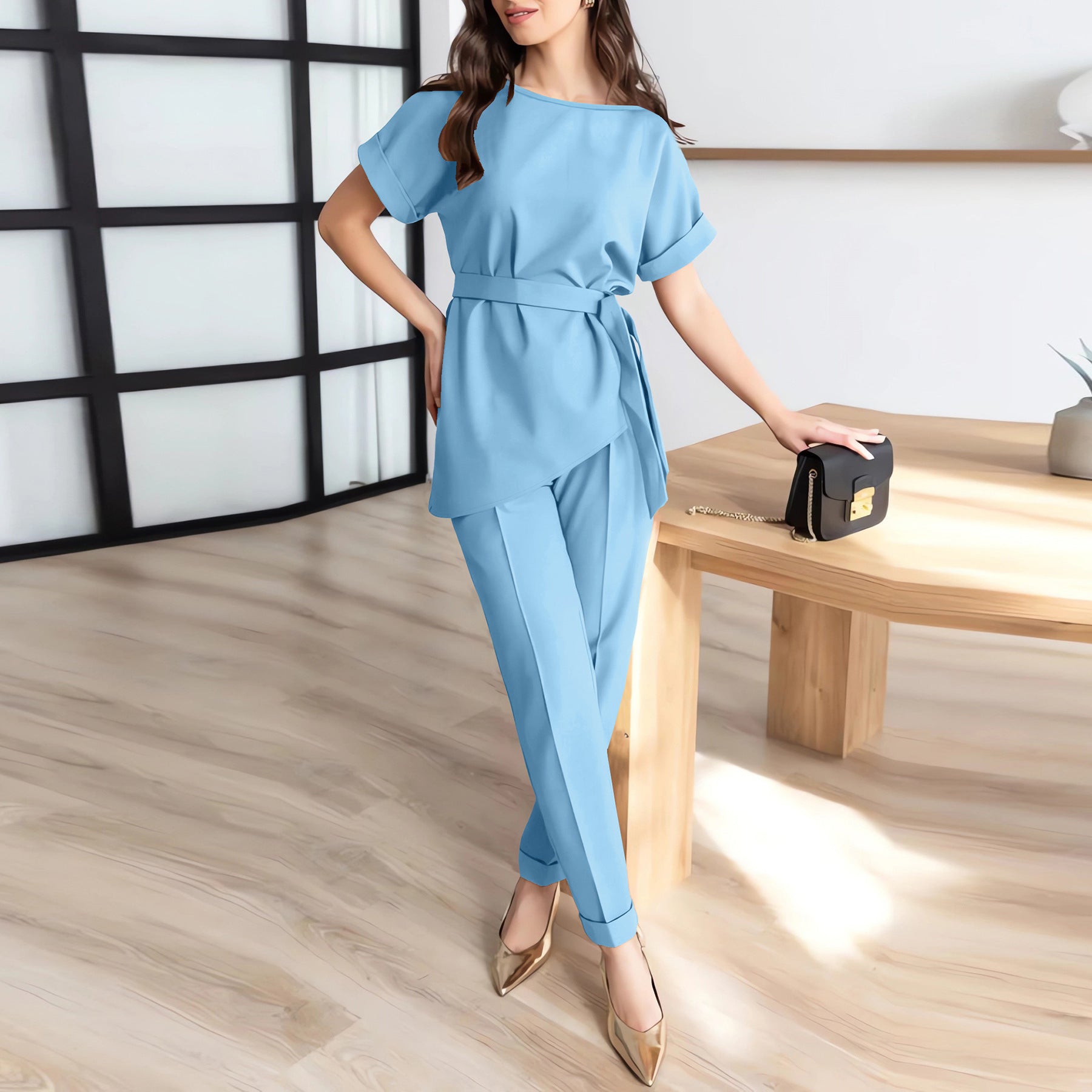 Career Women's Round Neck Short Sleeve Belt Top Set Long Pants Fashion Casual Two Piece Set 10