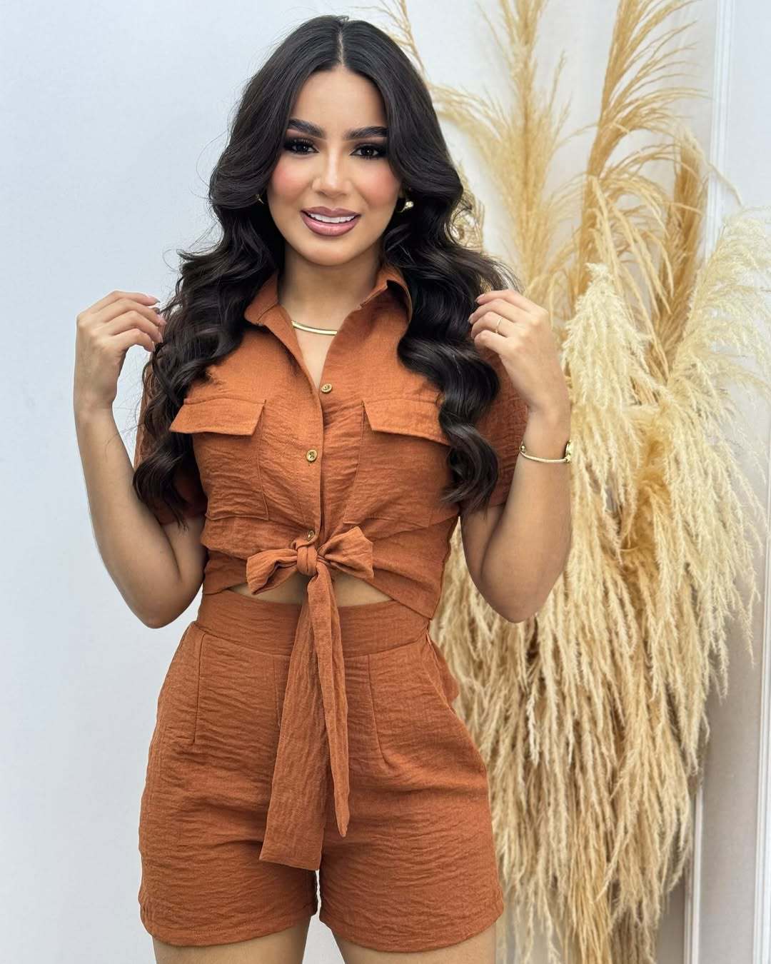 Women's Spring And Summer Fashion Short Sleeve Tie Shirt Top Casual Shorts Two-Piece Set 10