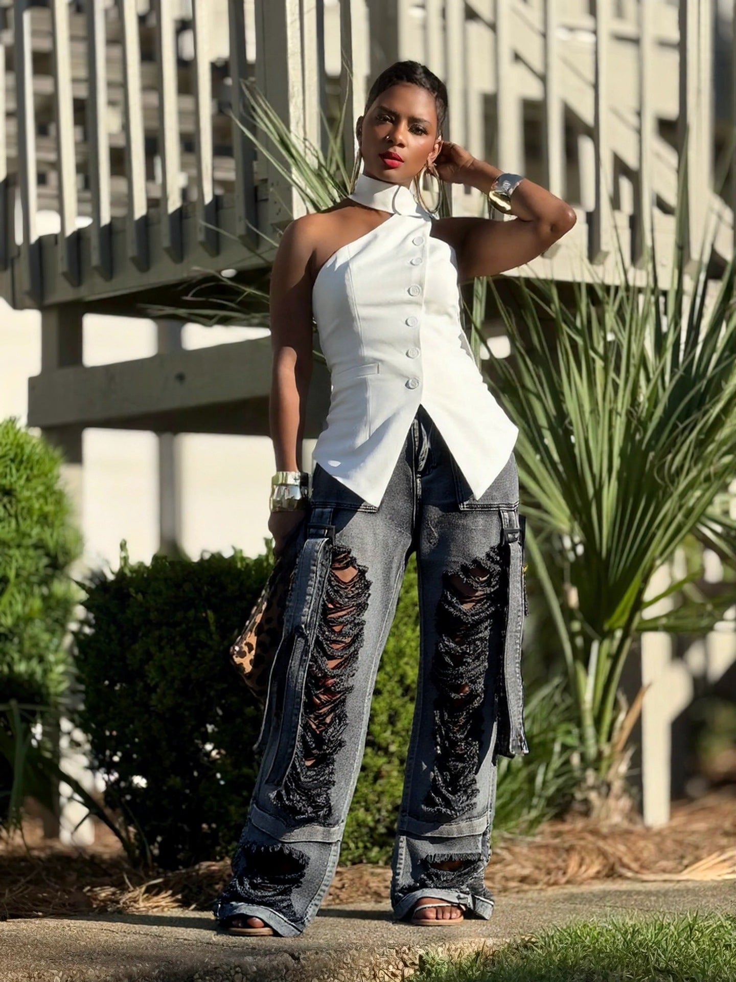 Hip Hop Street Ripped Ribbon Cargo Denim Pants 4