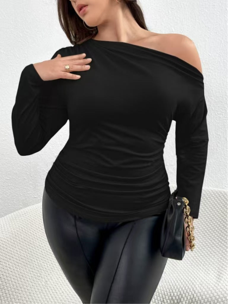 Plus Size Women T-Shirt Autumn Winter Fashion Slash Shoulder Chic Long Sleeve Top 7