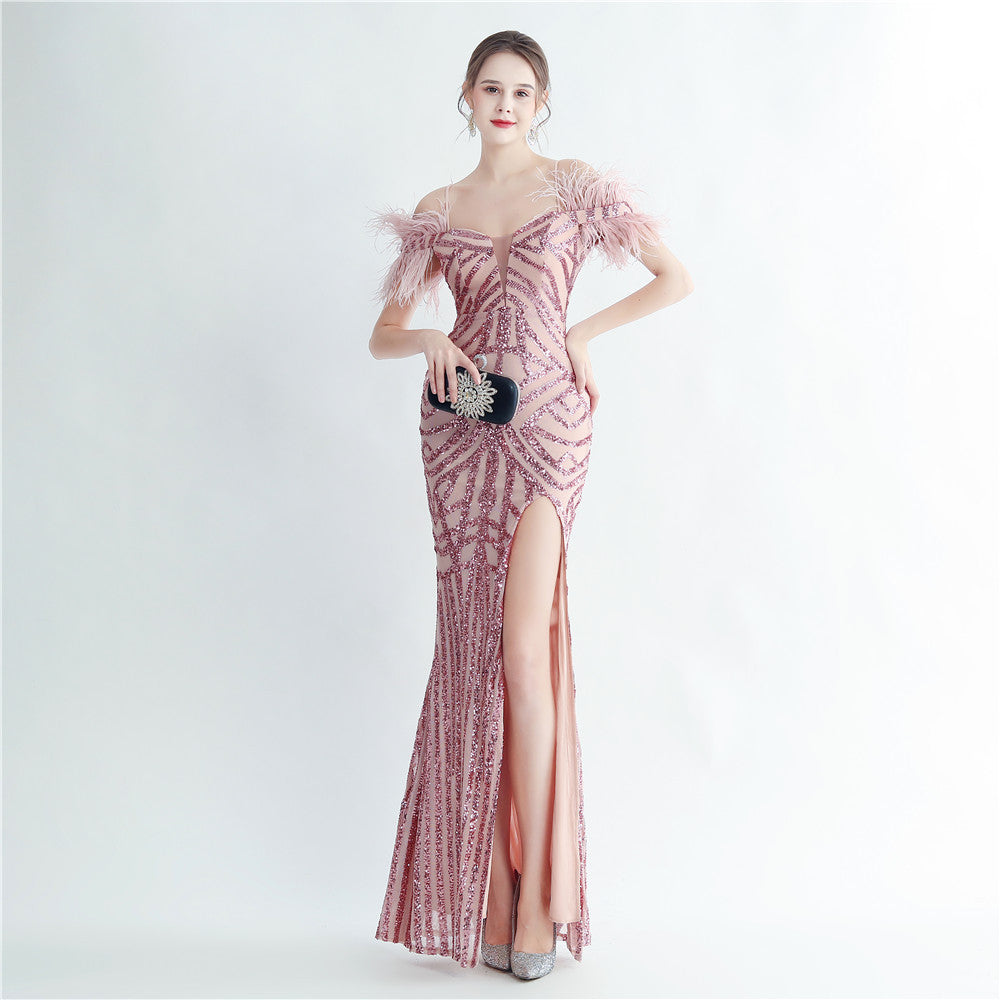 Positioning sequin feather straps off shoulder formal party evening dress 14