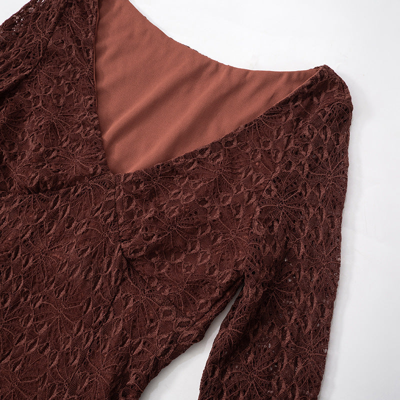 Women Spring Summer Sexy V-neck Lace Long Sleeve Dress 8