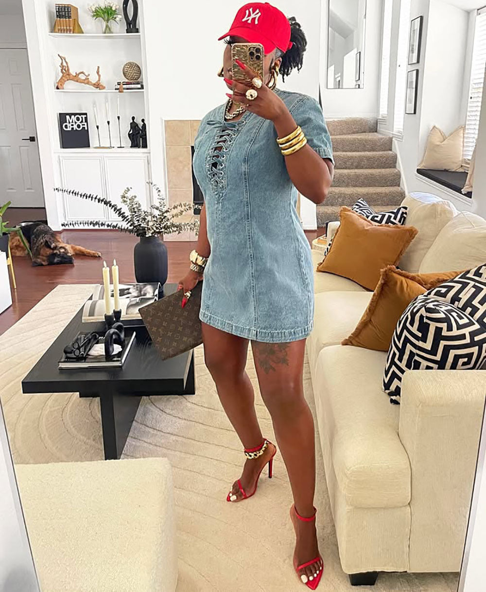 Women's Summer Street Fashion Lace-up Short-Sleeved Denim Dress 5