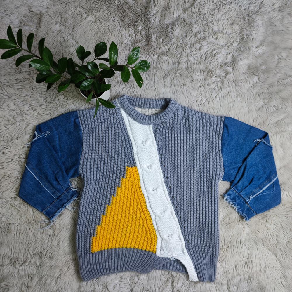 Women Long Sleeve Denim Patchwork Sweater 9
