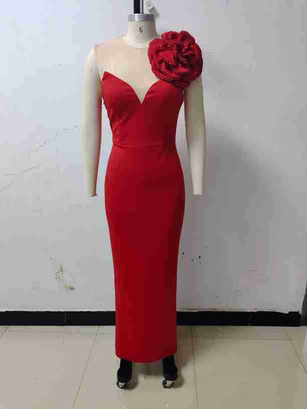 deep v flower slim solid color fashion elegant party dress 4