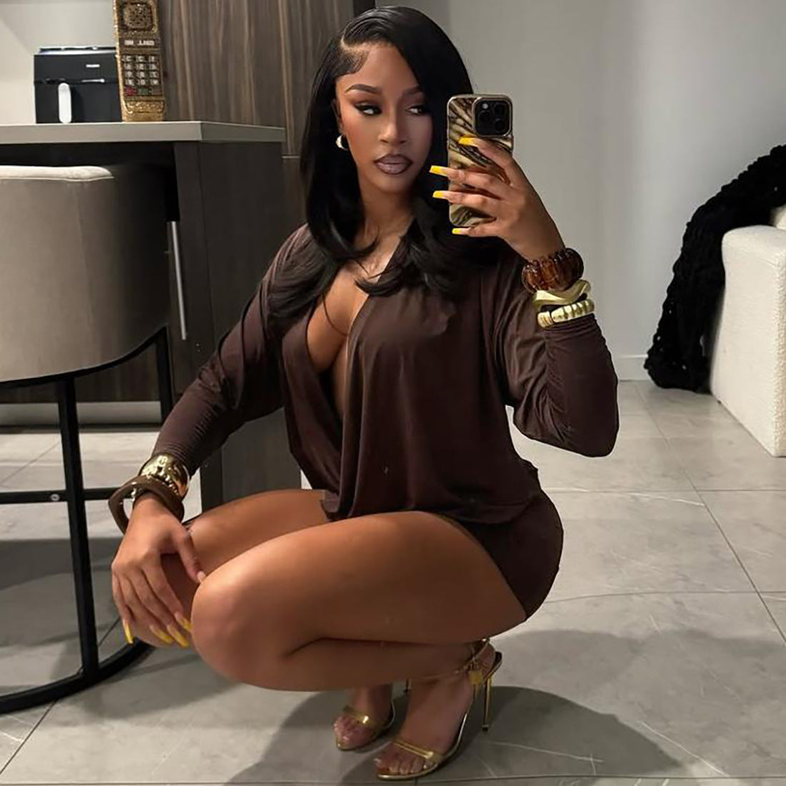 Autumn Outfit Sexy Fashion Deep V-Neck Long Sleeve Bodycon Dress 12