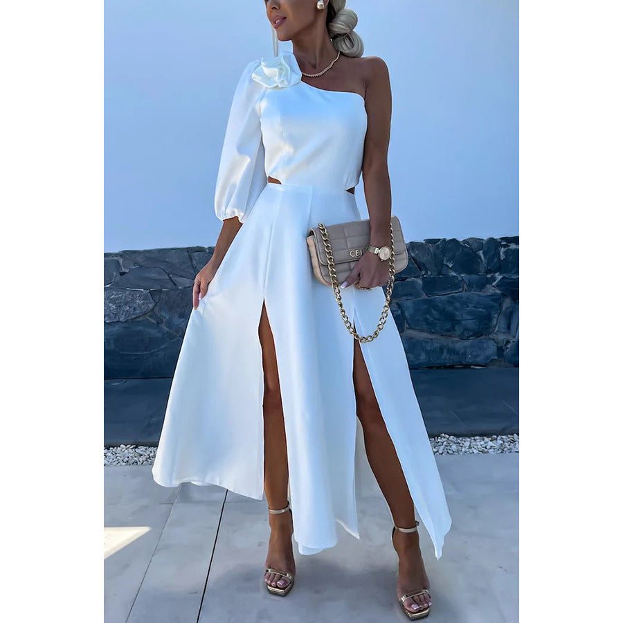 Spring Summer Slash Shoulder Slit Casual Party Satin Dress