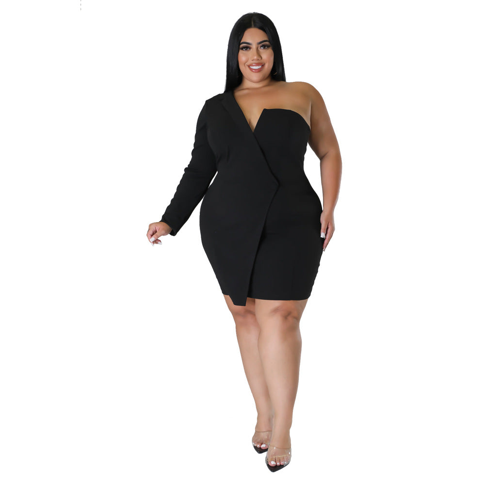 Plus Size Women'S Summer One Sleeve Solid Tight Fitting Sexy Formal Dress 9