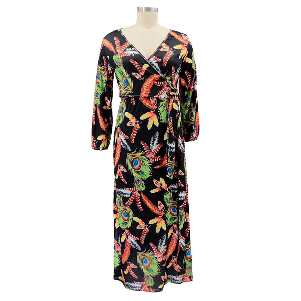 Plus Size Women Feather Print Sexy Slit Dress 19