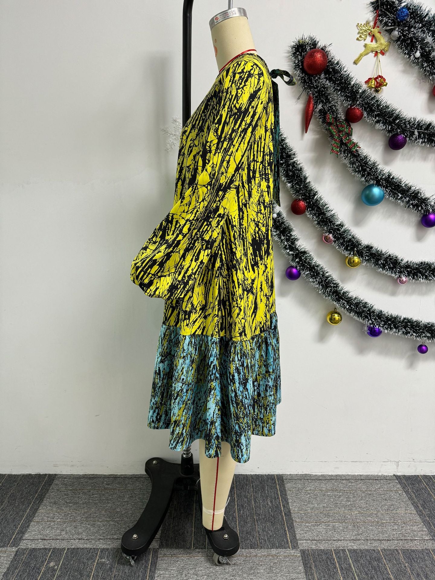 Women Printed Lace-Up Balloon Sleeves Loose Large Hem Round Neck Dress 7