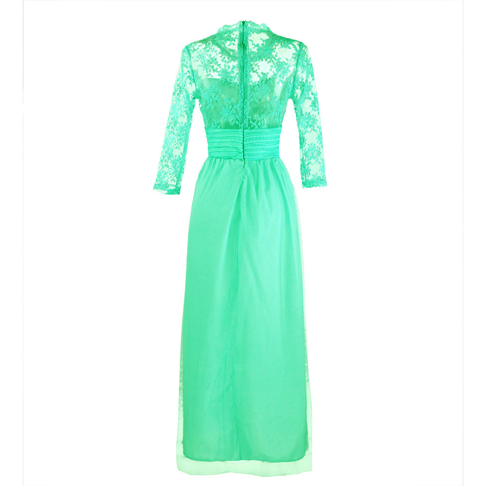 Autumn Women's Red Long Sleeve Lace See-Through Evening Gown 10