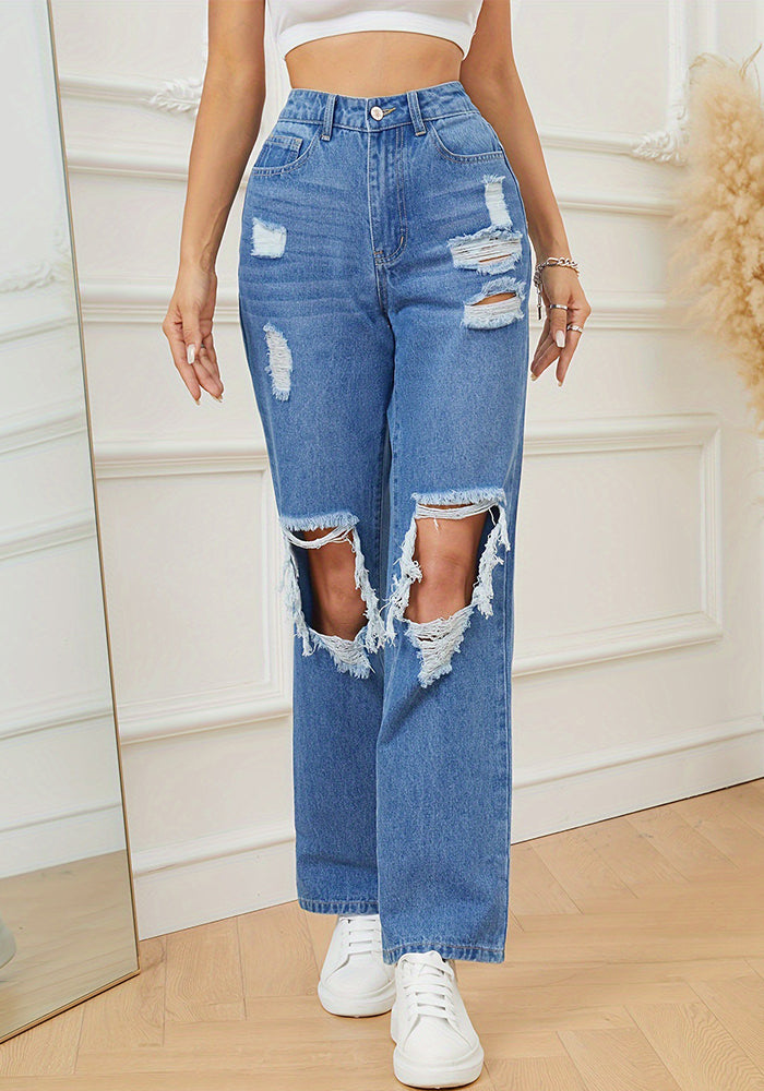 Women Vintage Ripped Straight Denim Pants