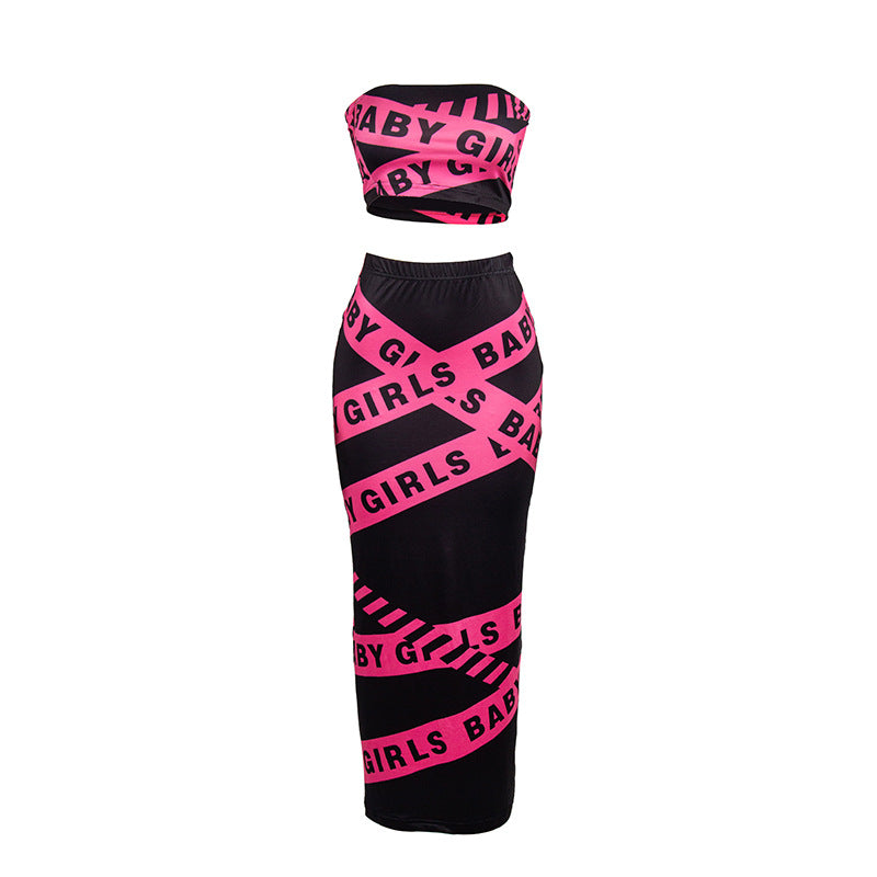 Spring Summer Style Sleeveless Fashion Letter Printed Strapless Top Long Skirt Women's Two Piece Set 6