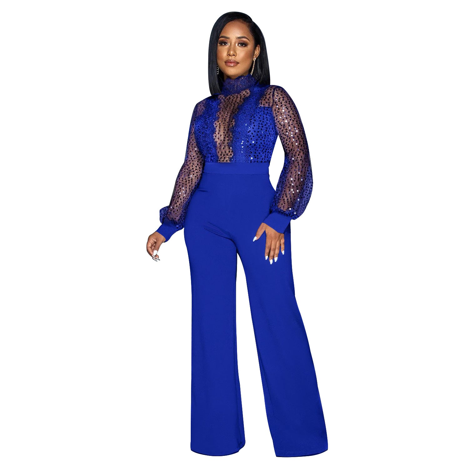 Women Cutout See-Through Long Sleeve Tie Jumpsuit（customized,MOQ 6pcs/size/color,process time 7-10 days） 4